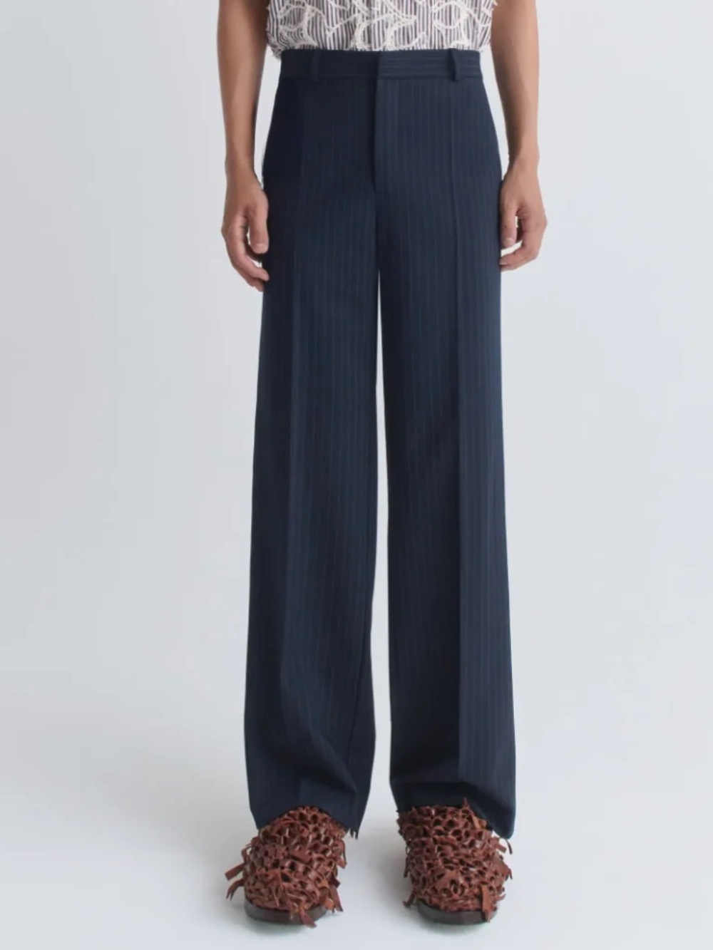 Séfr Flavio Pinstripe Trousers 32/32 M Navy Virgin Wool Blend NWT Dress Pants - Picture 2 of 16